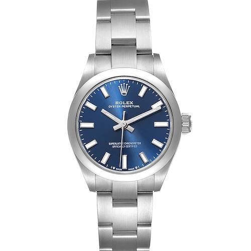 The Rolex Oyster Perpetual 276200 Women's Stainless Steel Blue Dial 276200 Women's Stainless Steel Blue Dial watch is shown from the front, displaying its blue dial, metal bracelet, hands, and hour markers.
