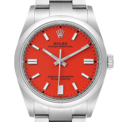 The image shows a front view of a Rolex Oyster Perpetual 126000 Men's Stainless Steel Red Dial 126000 Men's Stainless Steel Red Dial watch with a red dial and stainless steel bracelet.