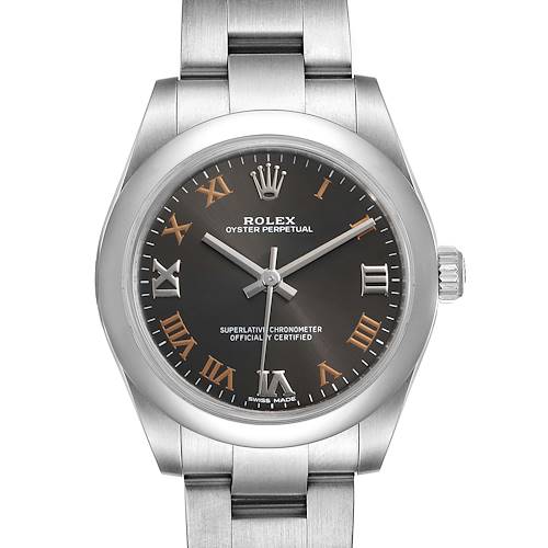 This image shows a Rolex Mid-Size 177200 Women's Stainless Steel Grey Dial 177200 Women's Stainless Steel Grey Dial Oyster Perpetual watch from the front, highlighting its dial, hands, case, and bracelet.