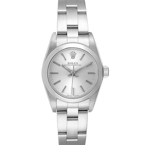 The image shows a front view of a Rolex Oyster Perpetual 76080 Women's Stainless Steel Silver Dial 76080 Women's Stainless Steel Silver Dial watch, highlighting the dial, case, and bracelet.