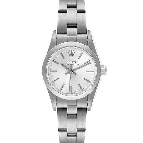 The image shows a front view of a Rolex Oyster Perpetual 76080 Women's Stainless Steel Silver Dial 76080 Women's Stainless Steel Silver Dial watch, displaying the dial, case, and bracelet.