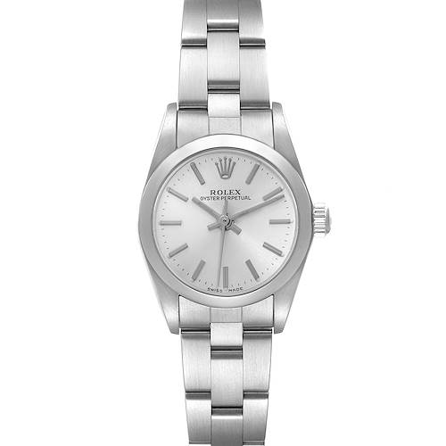 The Rolex Oyster Perpetual 76080 Women's Stainless Steel Silver Dial 76080 Women's Stainless Steel Silver Dial watch is shown from a top view, displaying the case, dial, bracelet, and crown.