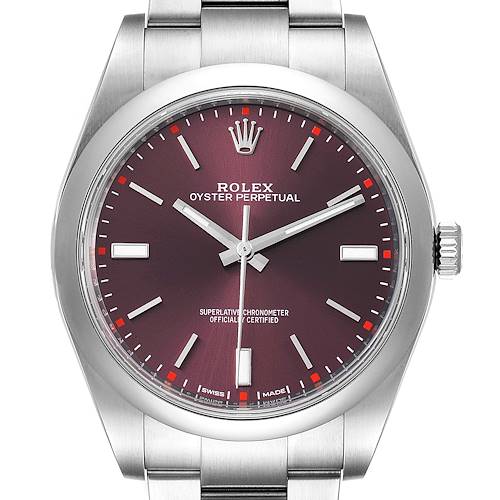 The image shows a front view of a Rolex Oyster Perpetual 114300 Men's Stainless Steel Burgundy Dial 114300 Men's Stainless Steel Burgundy Dial watch with a dark red dial and silver hour markers and hands.