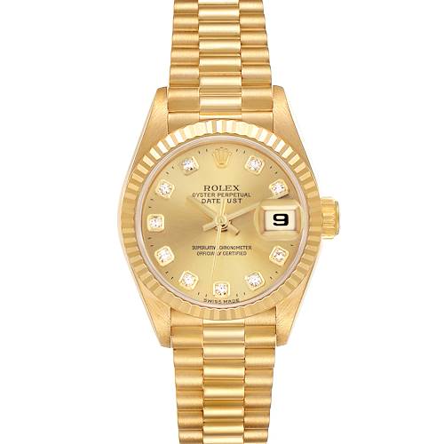 The Rolex President 69178 Women's Yellow Gold Champagne Dial 69178 Women's Yellow Gold Champagne Dial model is shown from a top-down angle, displaying the watch face, bracelet, and date feature clearly.