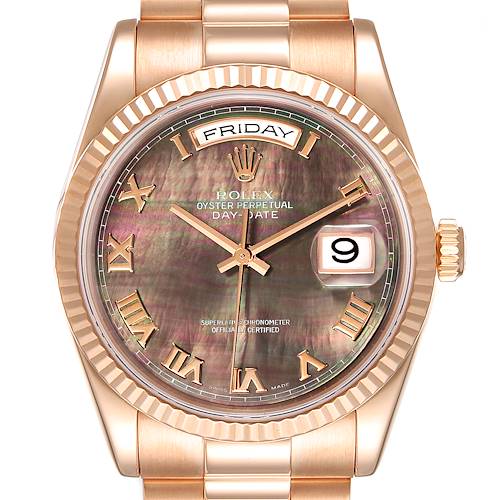 The image shows a frontal view of a Rolex President 118235 Men's Rose Gold Mother of Pearl Dial 118235 Men's Rose Gold Mother of Pearl Dial Day-Date watch, highlighting the dial, bezel, bracelet, and crown.