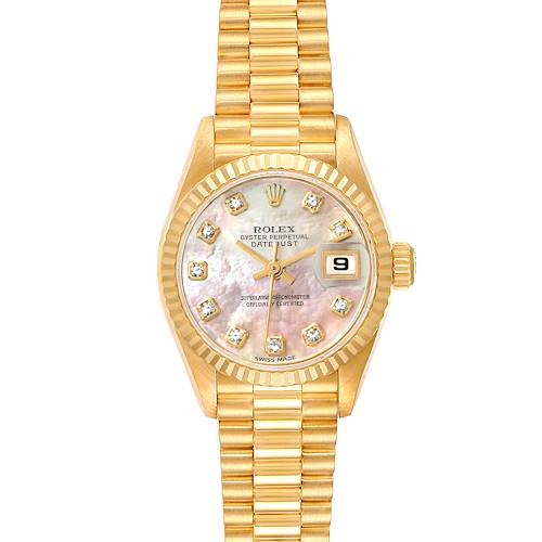 This image shows a frontal view of a gold Rolex President 79178 Women's Yellow Gold Mother of Pearl Dial 79178 Women's Yellow Gold Mother of Pearl Dial model watch, displaying its face, bezel, and bracelet.