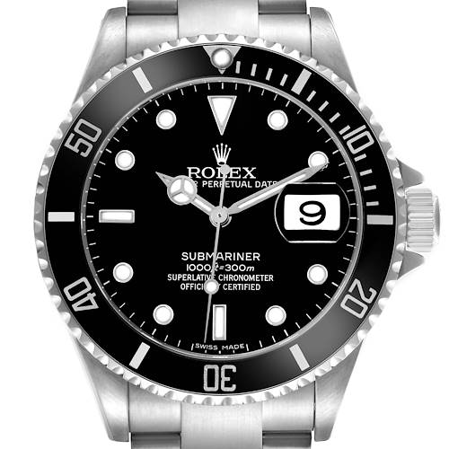 The Rolex Submariner 16610 Men's Stainless Steel Black Dial 16610 Men's Stainless Steel Black Dial is shown from the front, displaying its dial, bezel, crown, and part of the bracelet.