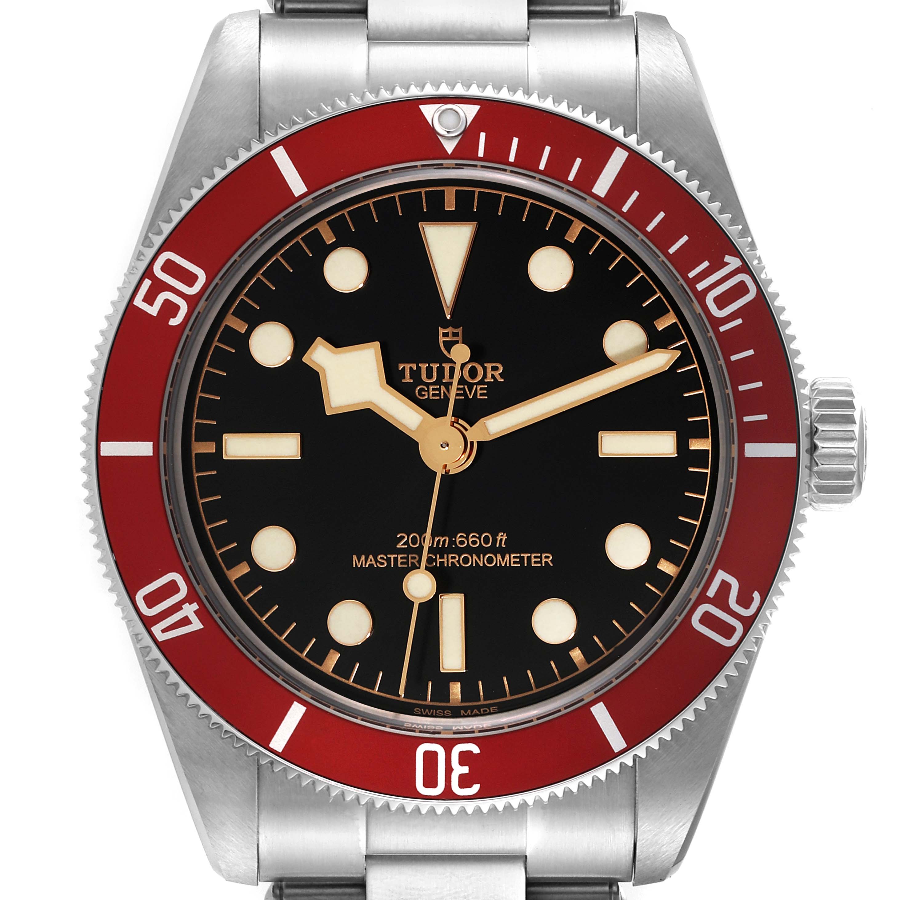 The image shows the face and bezel of a Tudor Heritage Black Bay M7941A1A0RU-0001 Men's Stainless Steel Black Dial M7941A1A0RU-0001 Men's Stainless Steel Black Dial watch shot from the front.