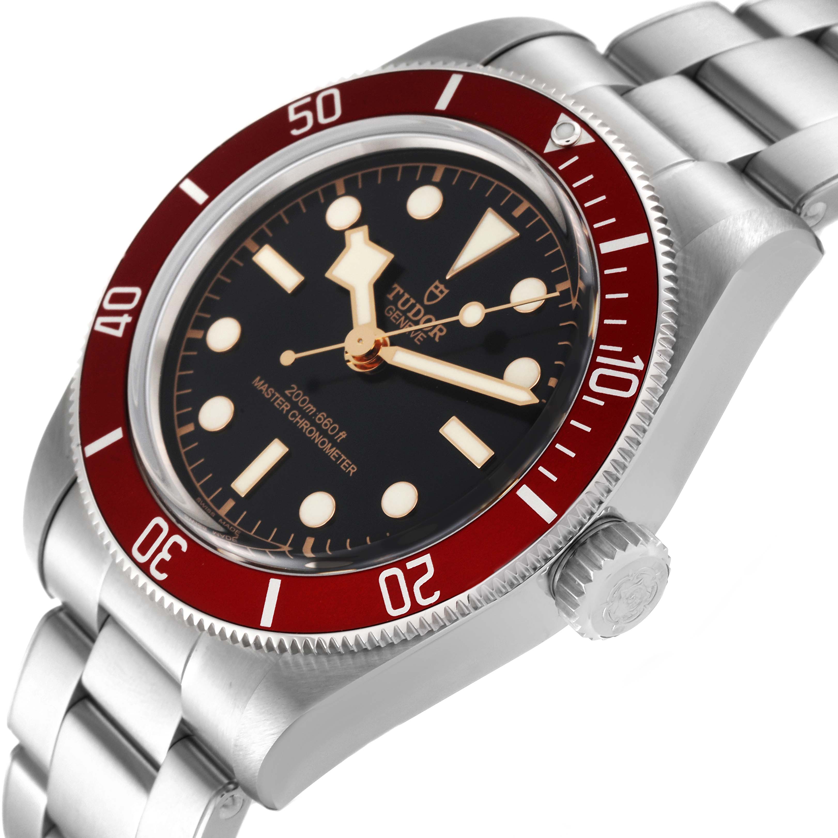 The Tudor Heritage Black Bay M7941A1A0RU-0001 Men's Stainless Steel Black Dial M7941A1A0RU-0001 Men's Stainless Steel Black Dial watch is shown at a slight angle, highlighting the dial, bezel, crown, and part of the bracelet.