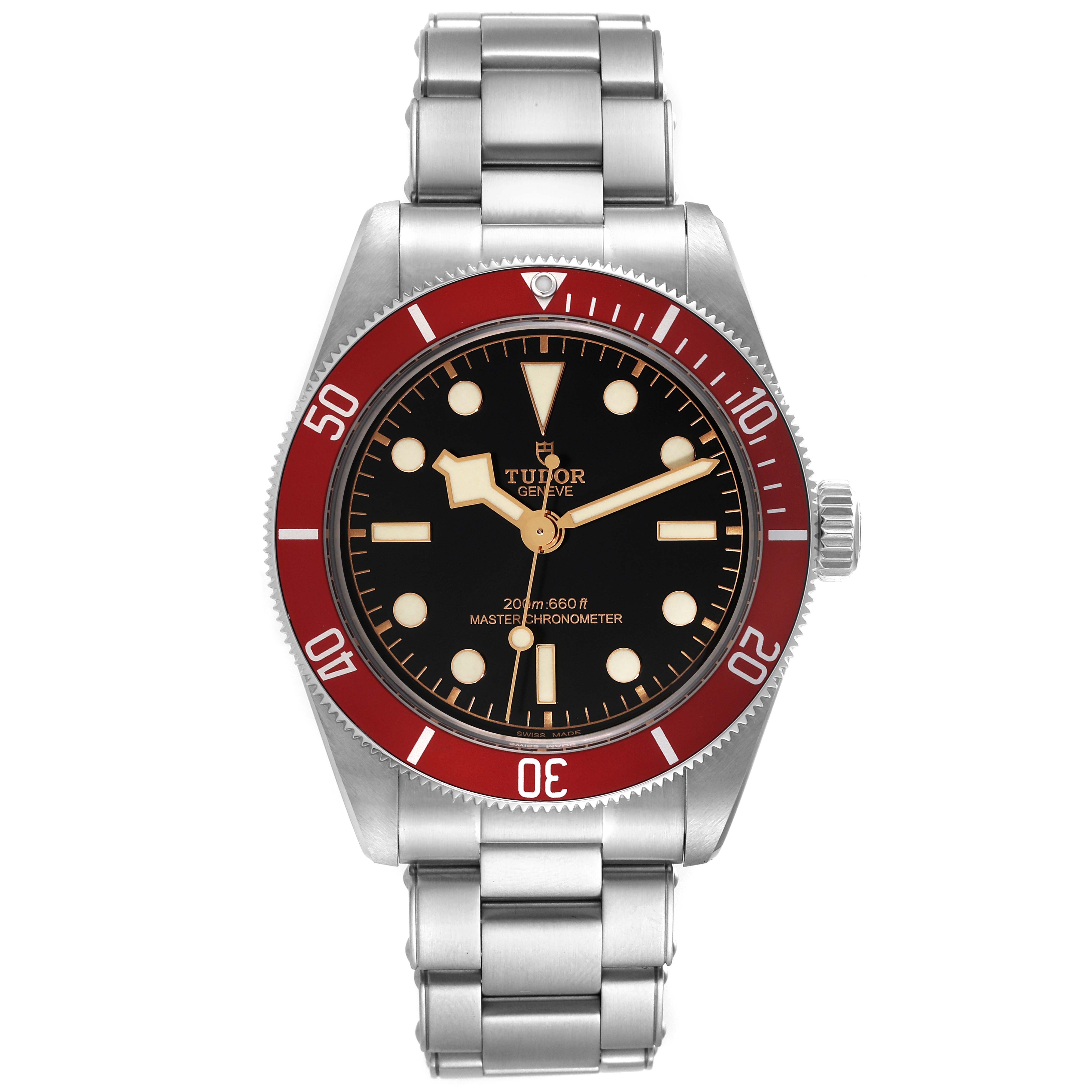 The image shows a front view of the Tudor Heritage Black Bay M7941A1A0RU-0001 Men's Stainless Steel Black Dial M7941A1A0RU-0001 Men's Stainless Steel Black Dial watch, showcasing its red bezel, black dial, and stainless steel bracelet.