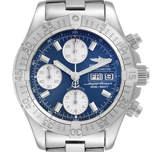 The Breitling Superocean A13340 Men's Stainless Steel Blue Dial A13340 Men's Stainless Steel Blue Dial watch is shown from the front, highlighting the dial, bezel, crown, and subdials.