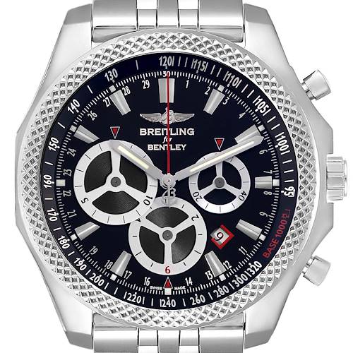 The Breitling Bentley A25366 Men's Stainless Steel Black Dial A25366 Men's Stainless Steel Black Dial watch is shown from the front, displaying the dial, bezel, subdials, and part of the bracelet.