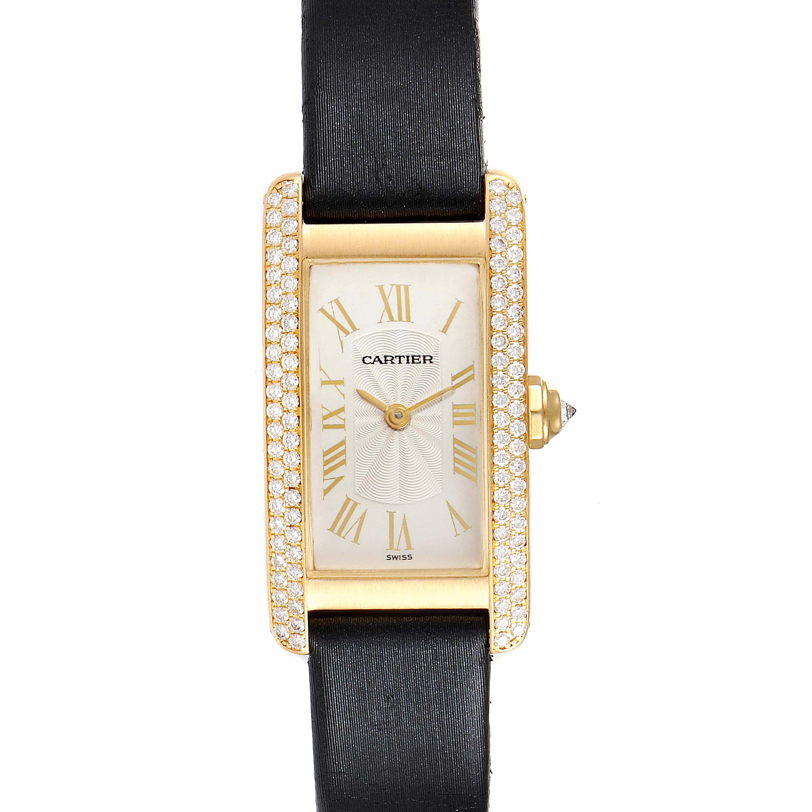 The image shows a Cartier Tank Americaine 1710 Women's Yellow Gold Silver Dial 1710 Women's Yellow Gold Silver Dial watch from a top-down angle, highlighting its rectangular face, diamond bezel, and black leather strap.