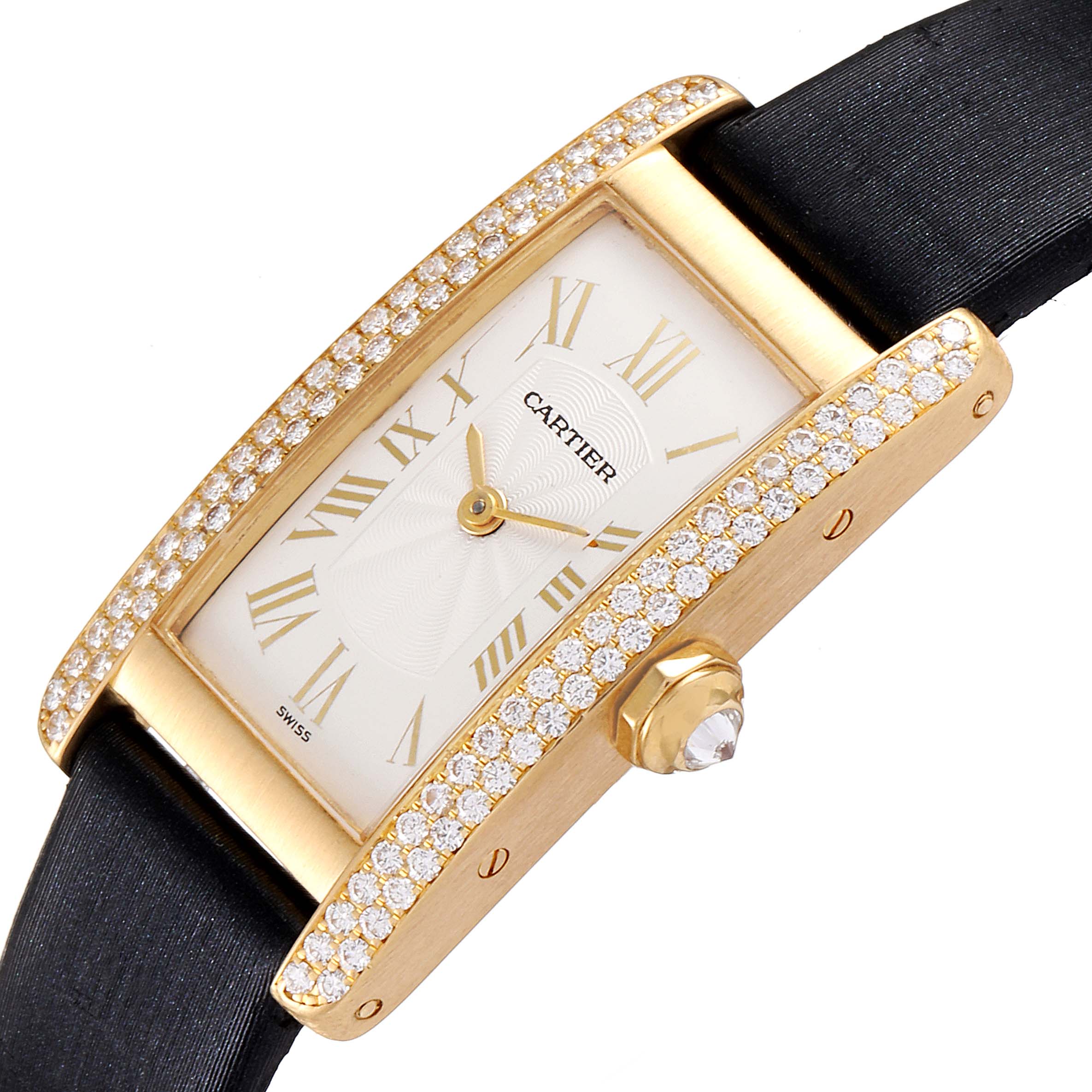 The image shows a Cartier Tank Americaine 1710 Women's Yellow Gold Silver Dial 1710 Women's Yellow Gold Silver Dial watch at an angled close-up, highlighting its gold and diamond-encrusted case and black strap.