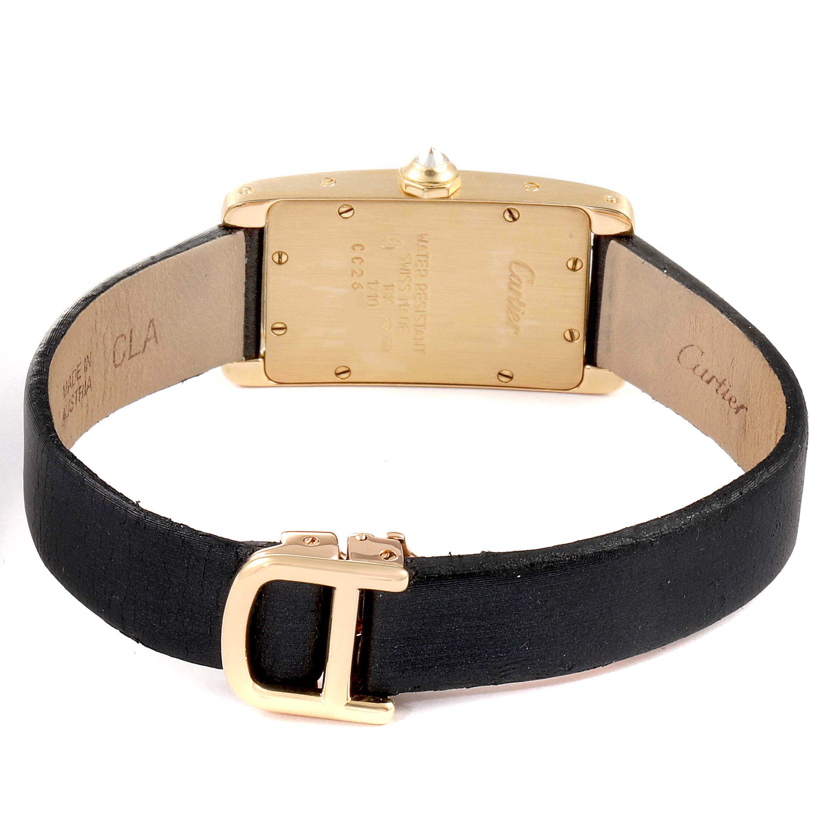 The image shows the back view of the Cartier Tank Americaine 1710 Women's Yellow Gold Silver Dial 1710 Women's Yellow Gold Silver Dial watch, highlighting the case back and leather strap with the buckle.