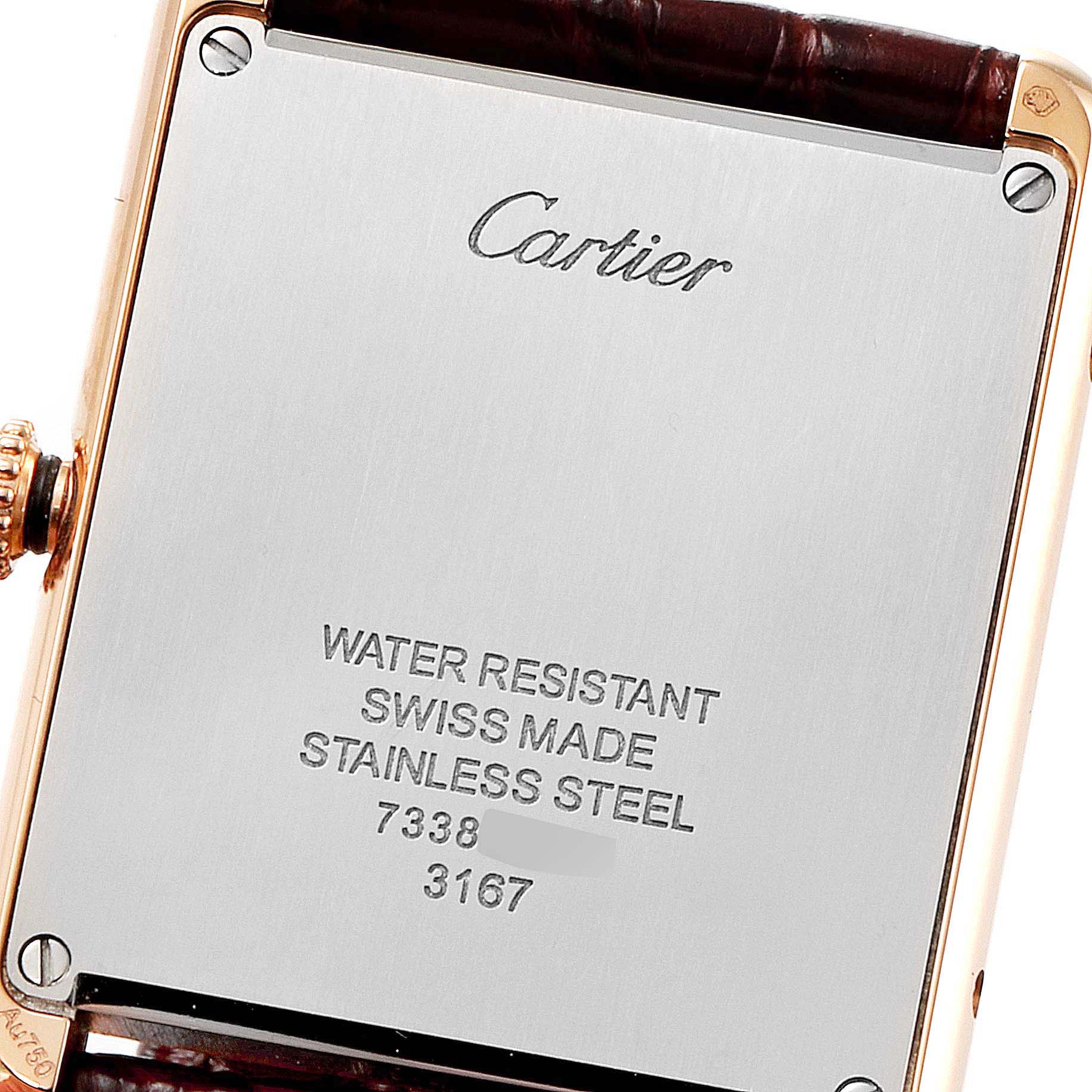 The image shows the back case of the Cartier Tank Solo W5200025 Men's Rose Gold Silver Dial W5200025 Men's Rose Gold Silver Dial watch, highlighting its water-resistant and stainless steel features.
