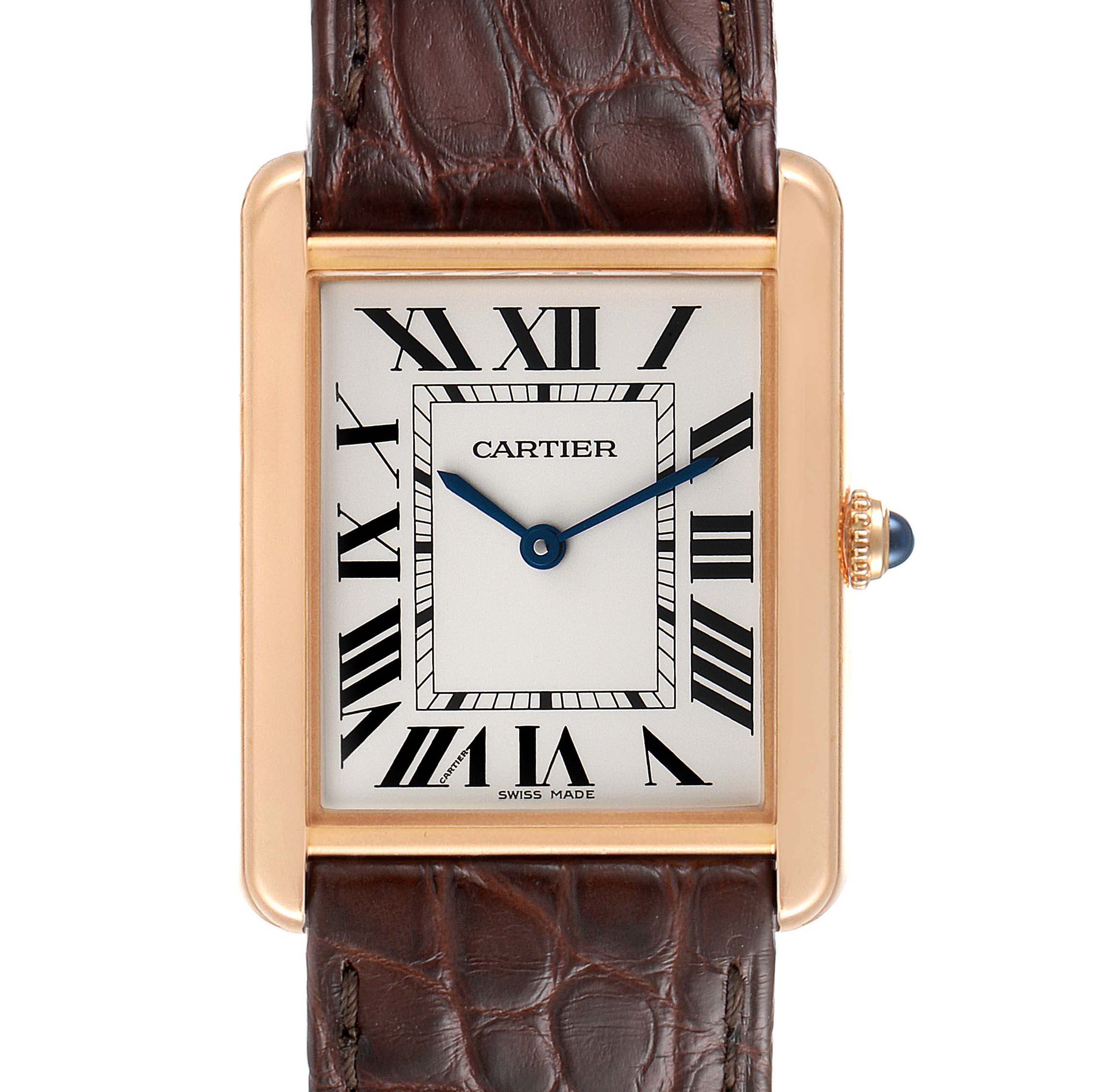 This image shows a front view of a Cartier Tank Solo W5200025 Men's Rose Gold Silver Dial W5200025 Men's Rose Gold Silver Dial watch, highlighting the face, hands, bezel, and part of the leather strap.