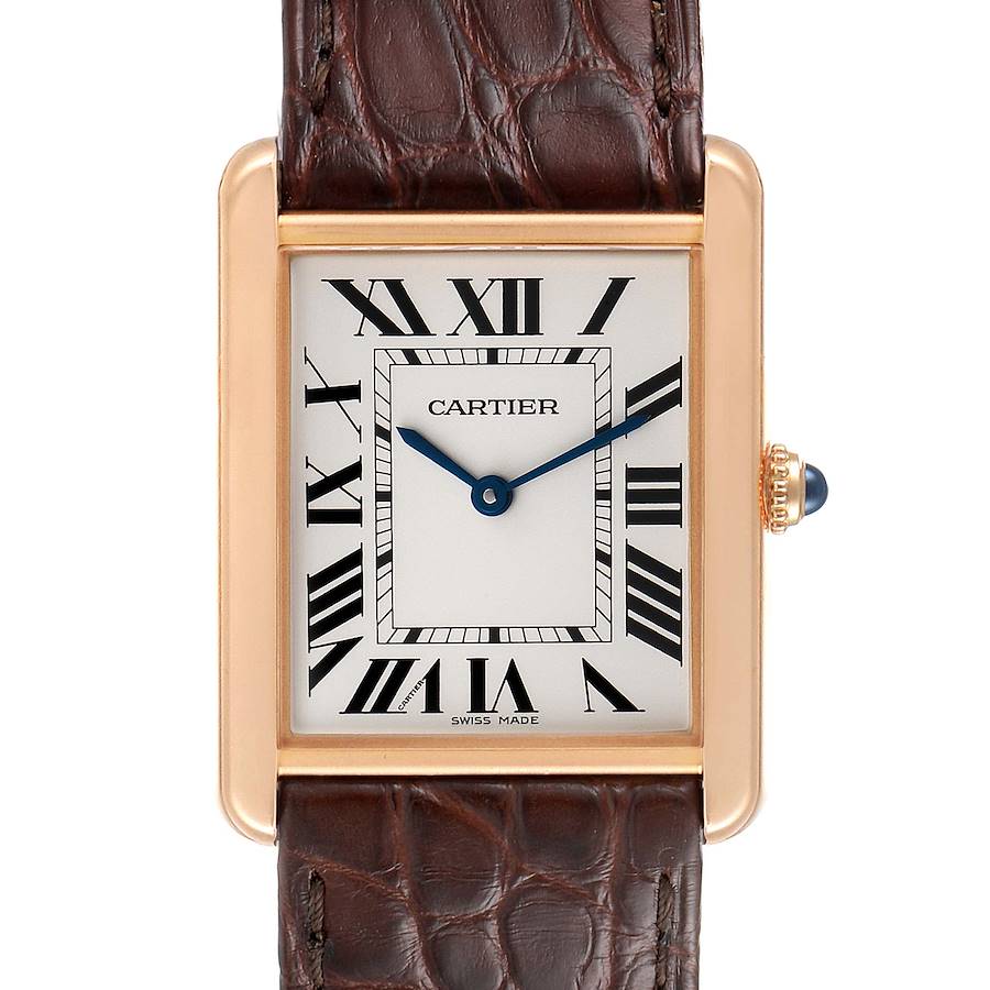 This image shows a front view of a Cartier Tank Solo W5200025 Men's Rose Gold Silver Dial W5200025 Men's Rose Gold Silver Dial watch, highlighting the face, hands, bezel, and part of the leather strap.