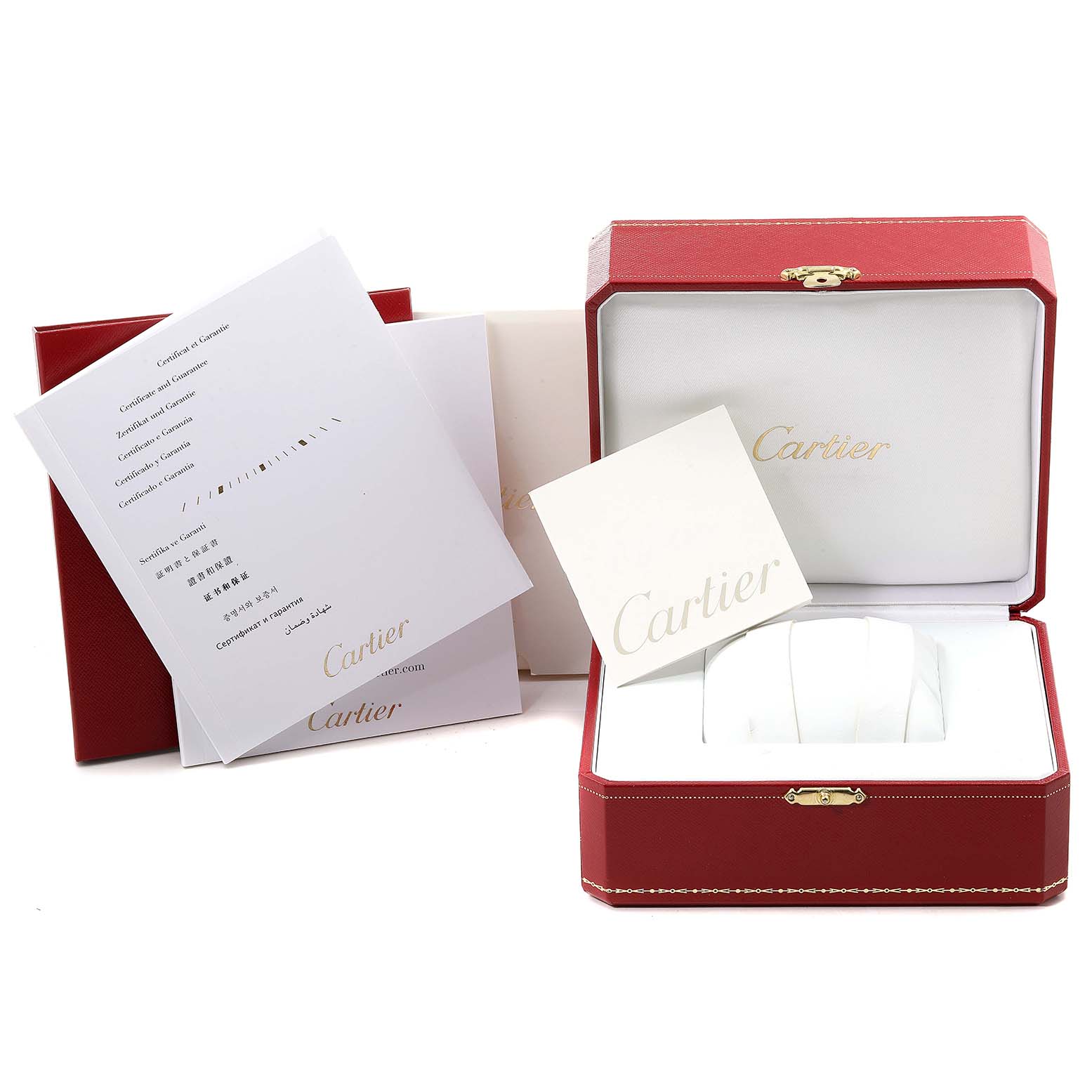 This image shows the Cartier Tank Solo W5200025 Men's Rose Gold Silver Dial W5200025 Men's Rose Gold Silver Dial watch box and accessories, including a red case, warranty, certification cards, and instruction manual.