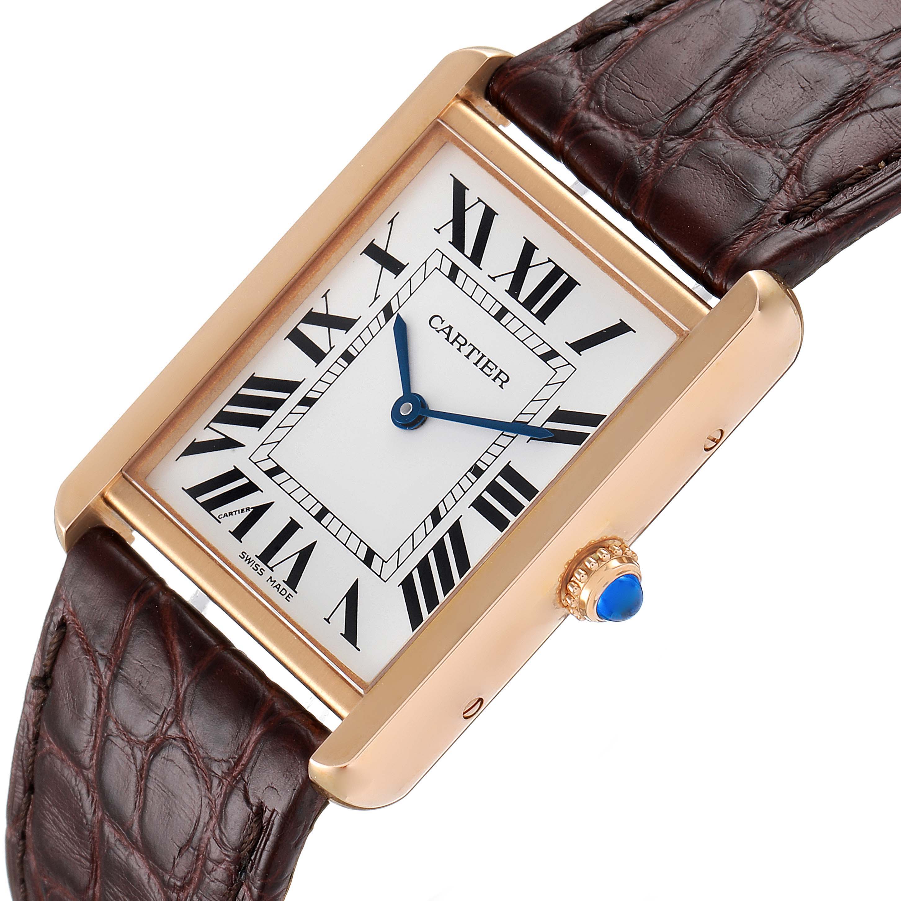 The image shows a Cartier Tank Solo W5200025 Men's Rose Gold Silver Dial W5200025 Men's Rose Gold Silver Dial watch at an angled top-down view, highlighting the face, bezel, crown, and leather strap.