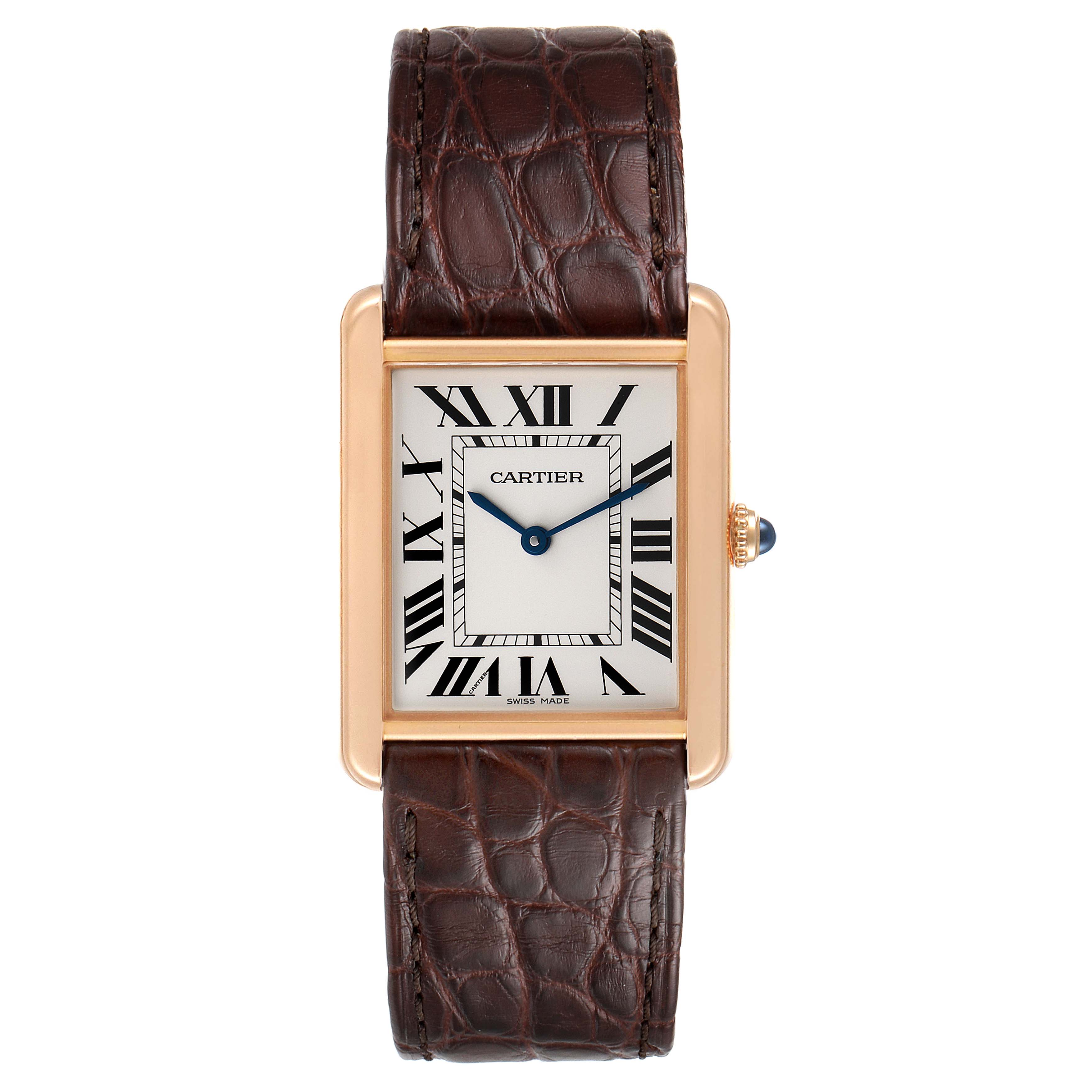 The image shows a front view of the Cartier Tank Solo W5200025 Men's Rose Gold Silver Dial W5200025 Men's Rose Gold Silver Dial watch, highlighting its rectangular face and brown leather strap.