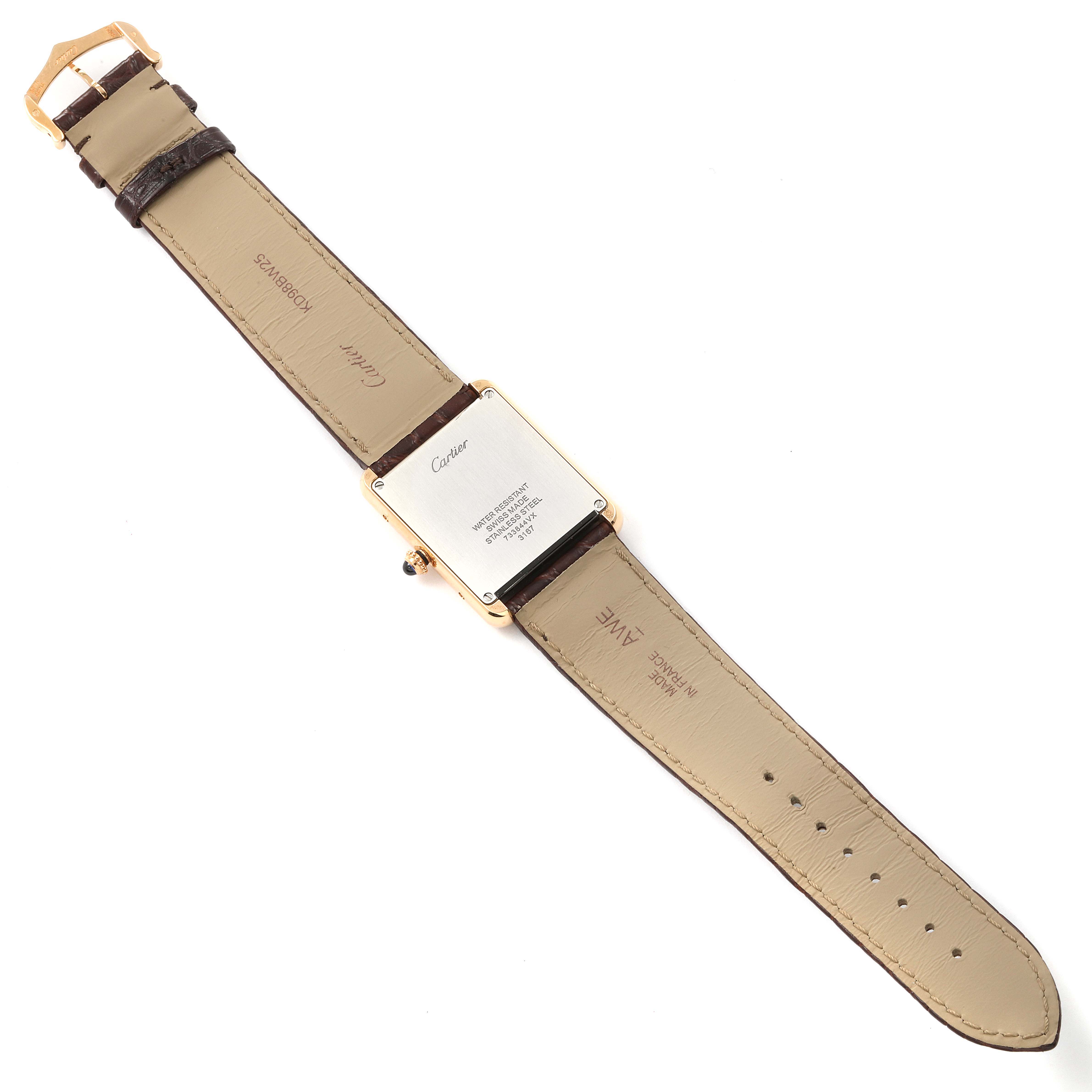 The image shows the back and strap of a Cartier Tank Solo W5200025 Men's Rose Gold Silver Dial W5200025 Men's Rose Gold Silver Dial watch, fully laid out flat.