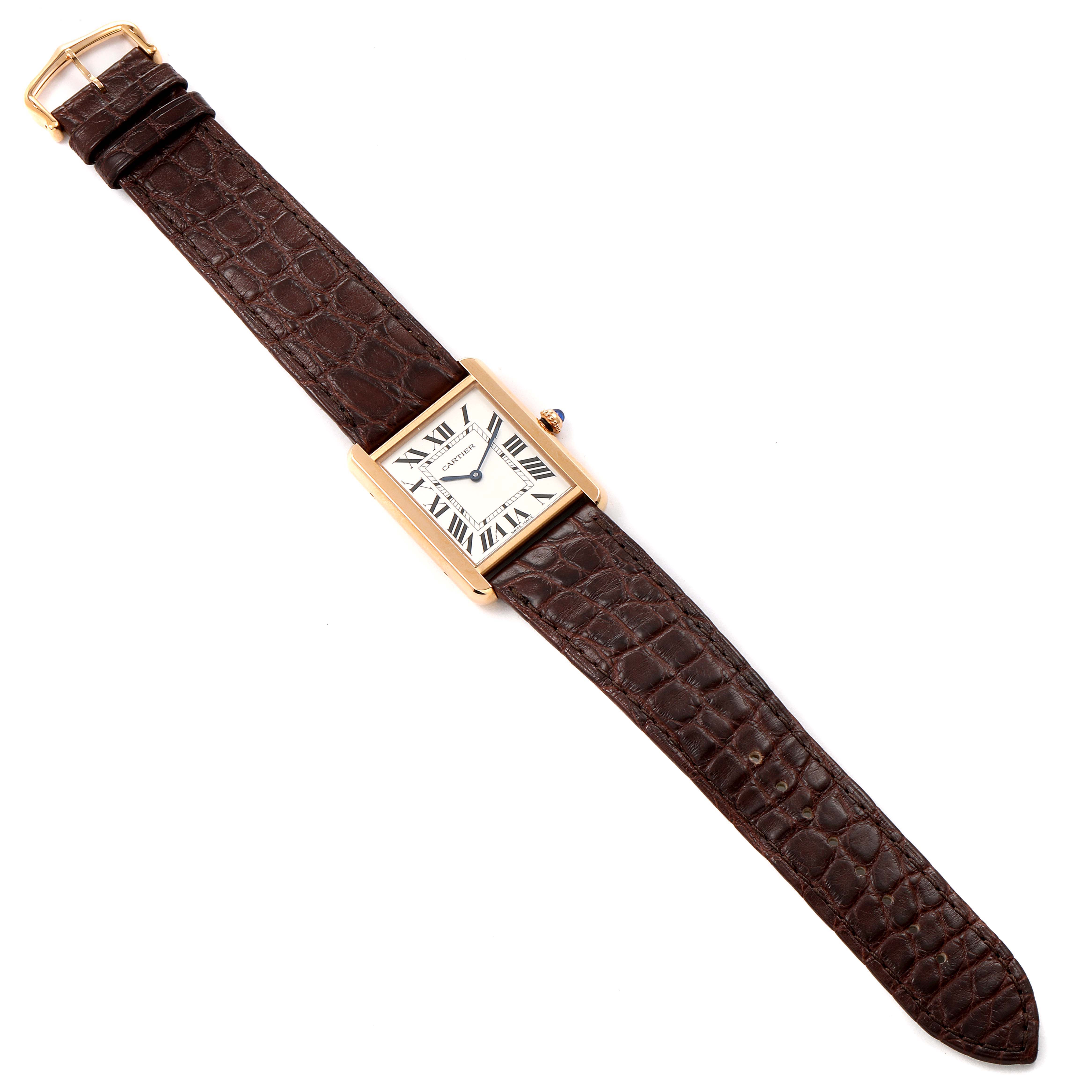 The image shows an overhead view of the Cartier Tank Solo W5200025 Men's Rose Gold Silver Dial W5200025 Men's Rose Gold Silver Dial watch with its brown leather strap fully extended.