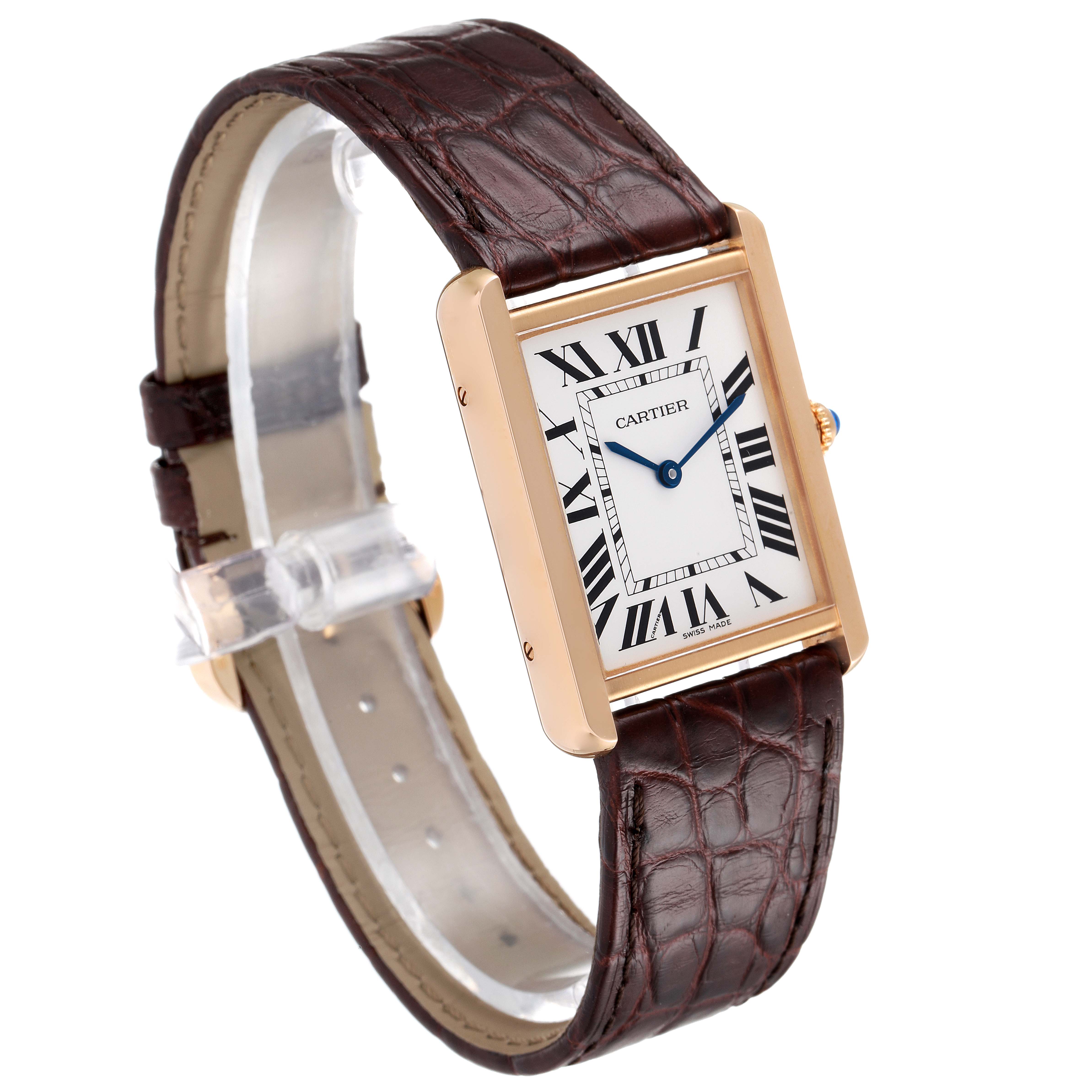 The image shows a Cartier Tank Solo W5200025 Men's Rose Gold Silver Dial W5200025 Men's Rose Gold Silver Dial watch at a three-quarter angle, highlighting its rectangular face and brown leather strap.