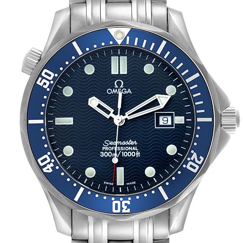The Omega Seamaster 2541.80.00 Men's Stainless Steel Blue Dial 2541.80.00 Men's Stainless Steel Blue Dial watch is shown from a front angle, displaying the dial, bezel, and part of the bracelet.
