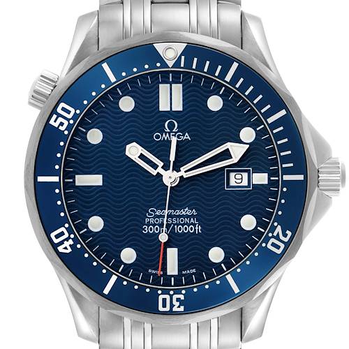 The Omega Seamaster 2541.80.00 Men's Stainless Steel Blue Dial 2541.80.00 Men's Stainless Steel Blue Dial watch is shown from a front angle, highlighting the blue dial, bezel, crown, and stainless steel bracelet.