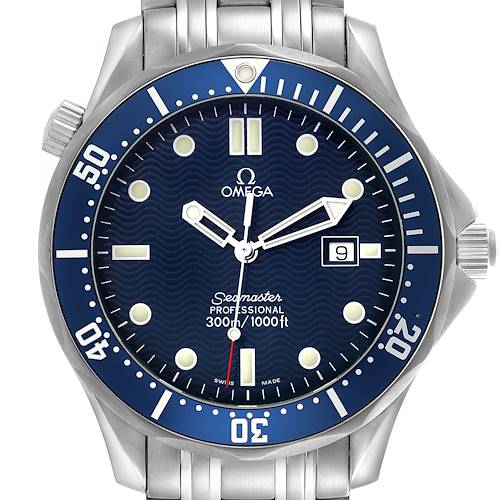 The Omega Seamaster 2541.80.00 Men's Stainless Steel Blue Dial 2541.80.00 Men's Stainless Steel Blue Dial watch is shown from the front, highlighting the bezel, dial, hands, and date window.