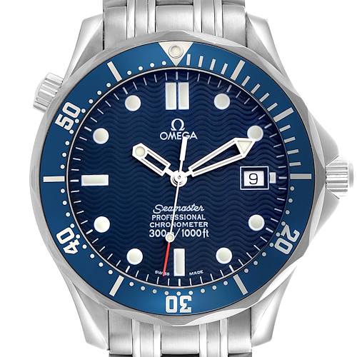 The image shows a front view of the Omega Seamaster 2531.80.00 Men's Stainless Steel Blue Dial 2531.80.00 Men's Stainless Steel Blue Dial watch, highlighting its blue dial, bezel, and stainless steel bracelet.