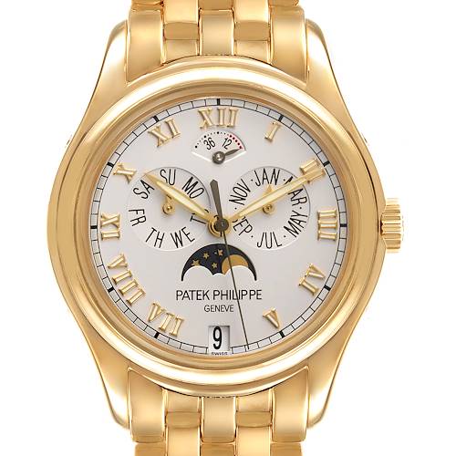 The Patek Philippe 5036/1J Men's Yellow Gold White Dial 5036/1J Men's Yellow Gold White Dial Annual Calendar Moonphase Yellow Gold Mens Watch 5036 model is shown from a front angle, highlighting the dial and yellow gold bracelet.