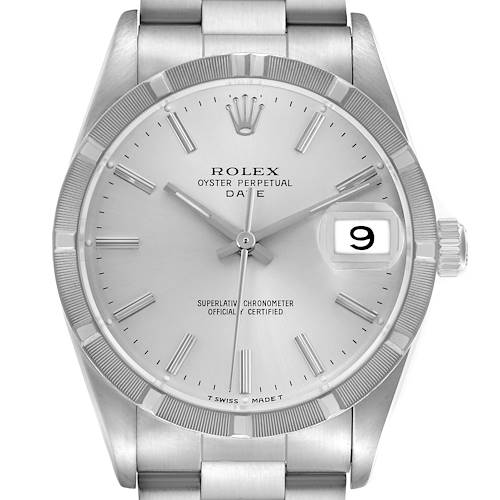 The Rolex Date 15210 Men's Stainless Steel Silver Dial 15210 Men's Stainless Steel Silver Dial model watch is shown from the front, displaying the face, bezel, crown, and part of the bracelet.