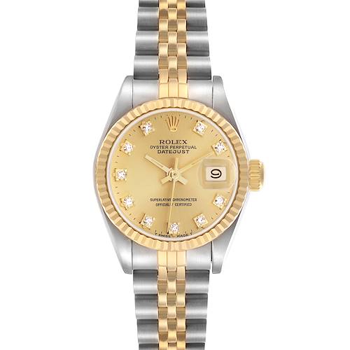 This Rolex Datejust 69173 Women's Steel and Gold (two tone) Champagne Dial 69173 Women's Steel and Gold (two tone) Champagne Dial watch is shown from the front, featuring the dial, bezel, and part of the bracelet.