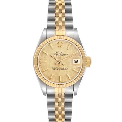 The Rolex Datejust 69173 Women's Steel and Gold (two tone) Champagne Dial 69173 Women's Steel and Gold (two tone) Champagne Dial watch is shown from a top view, highlighting the dial, bezel, case, and bracelet.