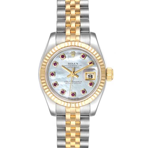 The image shows a front view of a Rolex Datejust 179173 Women's Steel and Gold (two tone) Mother of Pearl Dial 179173 Women's Steel and Gold (two tone) Mother of Pearl Dial watch, highlighting its face, bezel, crown, and two-tone bracelet.