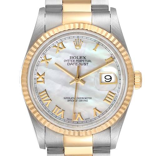 The image shows a front view of a Rolex Datejust 16233 Men's Steel and Gold (two tone) Mother of Pearl Dial 16233 Men's Steel and Gold (two tone) Mother of Pearl Dial watch, featuring its dial, bezel, and part of the bracelet.