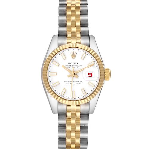 The Rolex Datejust 179173 Women's Steel and Gold (two tone) White Dial 179173 Women's Steel and Gold (two tone) White Dial watch is pictured from the front, displaying the bezel, dial, and jubilee bracelet clearly.