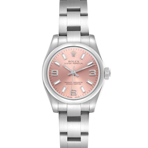 The Rolex Oyster Perpetual 176200 Women's Stainless Steel Pink Dial 176200 Women's Stainless Steel Pink Dial is shown from a top-down angle, displaying its pink dial, hour markers, and stainless steel bracelet.