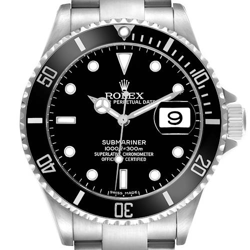 The Rolex Submariner 16610 Men's Stainless Steel Black Dial 16610 Men's Stainless Steel Black Dial watch is shown from the front, featuring its black dial, bezel, and bracelet.