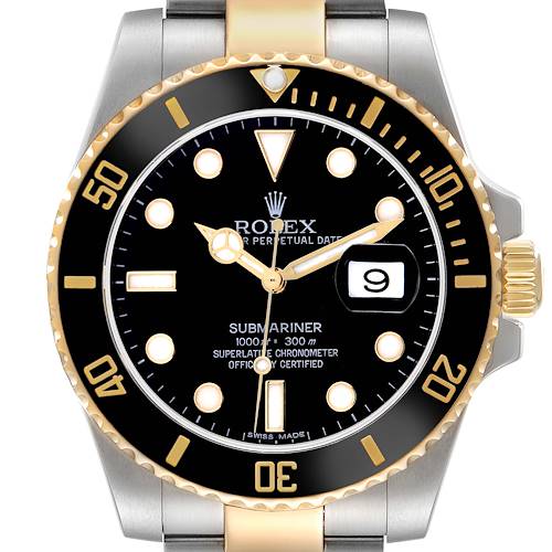 The Rolex Submariner 116613 Men's Steel and Gold (two tone) Black Dial 116613 Men's Steel and Gold (two tone) Black Dial watch is shown from a front view, highlighting the bezel, dial, hands, and date window.