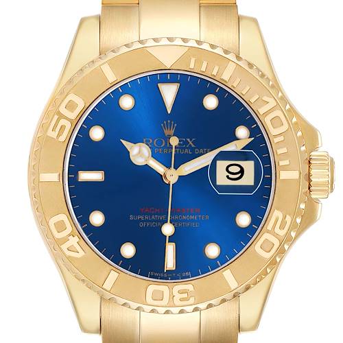 The Rolex Yacht-Master 16628 Men's Yellow Gold Blue Dial watch is shown from a top-down angle, displaying its face, bezel, and part of the bracelet.