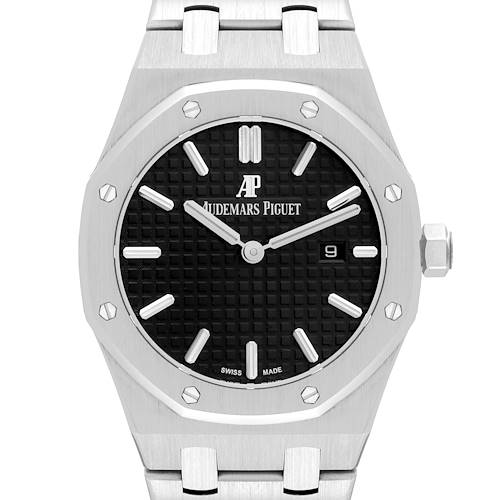 The image shows a front view of the Audemars Piguet Royal Oak 67650ST Women's Stainless Steel Black Dial 67650ST Women's Stainless Steel Black Dial watch, highlighting its black dial, case, bezel, crown, and part of the bracelet.