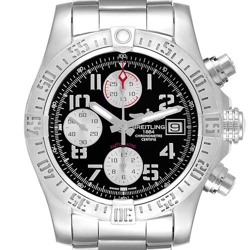 The Breitling Avenger A13381111B2A1 Men's Stainless Steel Black Dial A13381111B2A1 Men's Stainless Steel Black Dial watch is shown from a front angle, displaying its bezel, dial, and chronograph features.