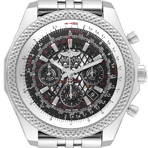 The image shows a front view of the Breitling Bentley AB0611 Men's Stainless Steel Black Dial AB0611 Men's Stainless Steel Black Dial watch, highlighting its intricate dial and bezel design.