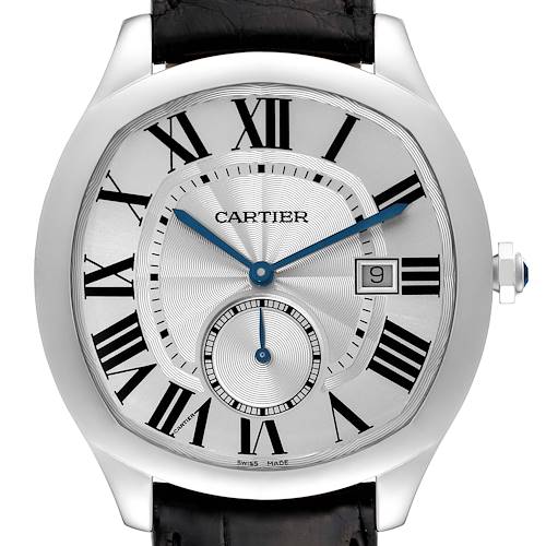 This image shows a front view of the Drive de Cartier watch by Cartier, highlighting its dial and leather strap.