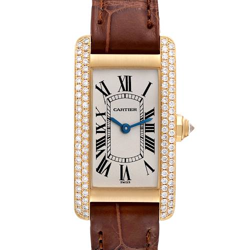 This image shows a frontal view of the Cartier Tank Américaine watch, highlighting its leather strap, rectangular face, and diamond bezel.