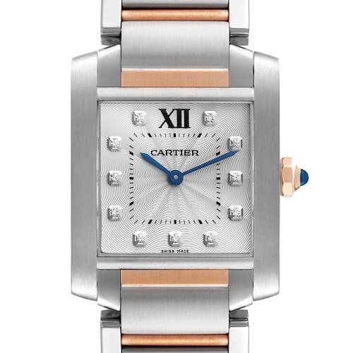 The image shows a close-up of the Cartier Tank Francaise WE110005 Women's Steel and Gold (two tone) Silver Dial WE110005 Women's Steel and Gold (two tone) Silver Dial watch's face and part of its metal bracelet.
