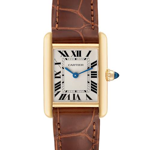 The image shows a front view of the Cartier Tank Louis W1529856 Women's Yellow Gold Silver Dial W1529856 Women's Yellow Gold Silver Dial watch, highlighting the dial, Roman numerals, and brown leather strap.